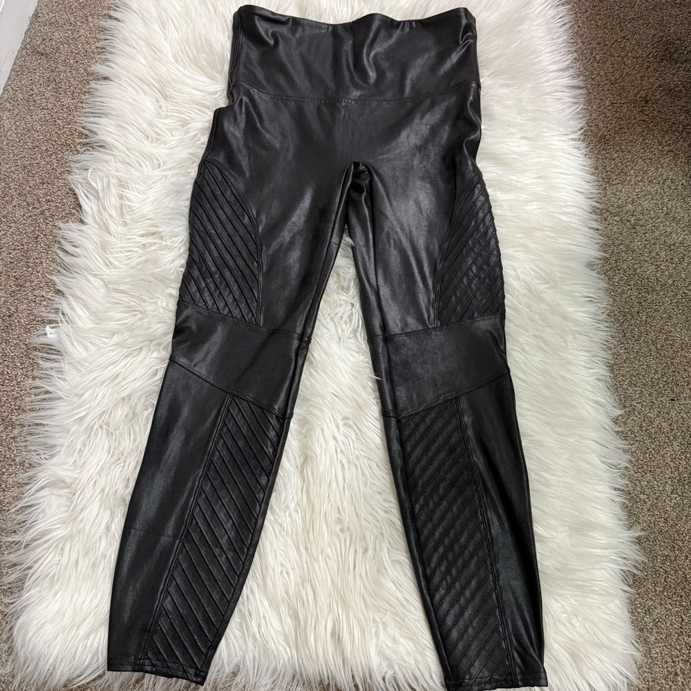 Spanx black moto faux leather high rise high waist black leggings XL petite